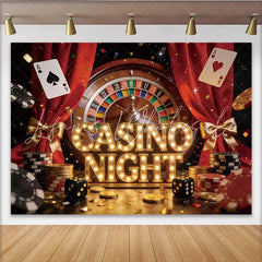 Lofaris Vibrant Casino Night Party Backdrop with Roulette Wheel Playing Cards and Poker Chips Red Curtain Event Decoration for Photography