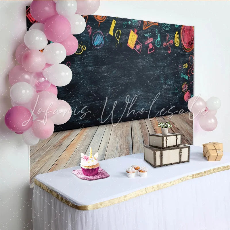 Lofaris Vibrant Chalk Doodle Birthday Backdrop with Wooden Floor Black Chalkboard Background for Kids Party Photography