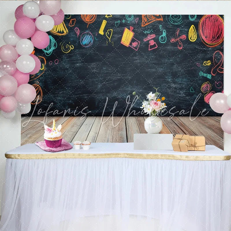 Lofaris Vibrant Chalk Doodle Birthday Backdrop with Wooden Floor Black Chalkboard Background for Kids Party Photography