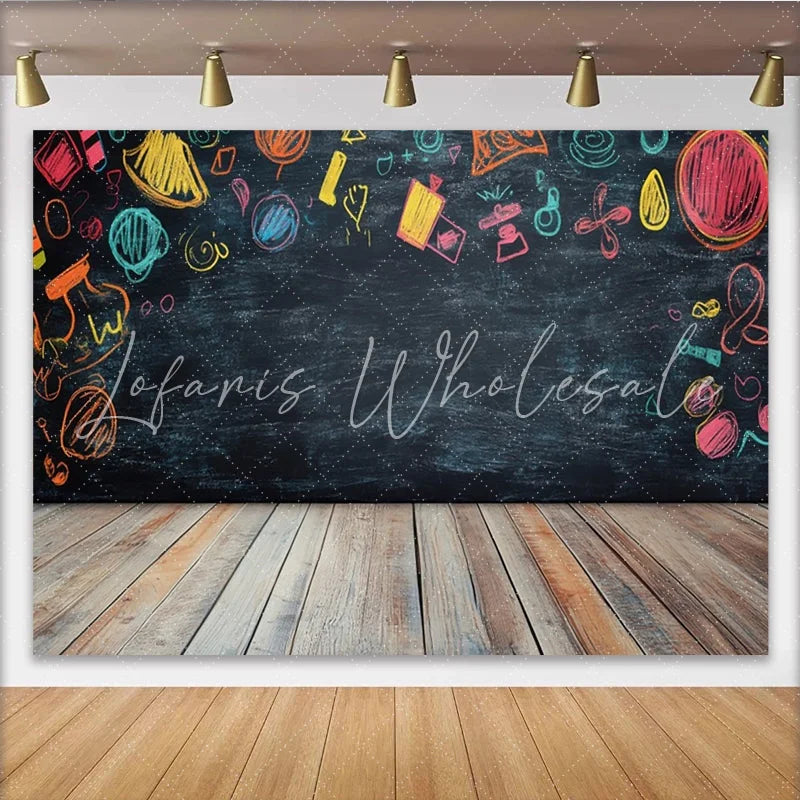 Lofaris Vibrant Chalk Doodle Birthday Backdrop with Wooden Floor Black Chalkboard Background for Kids Party Photography