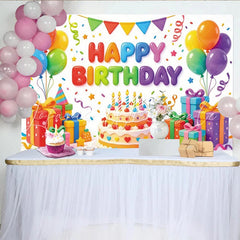 Lofaris Vibrant Colorful Happy Birthday Backdrop with Balloons and Cake Festive Party Background for Kids Celebration