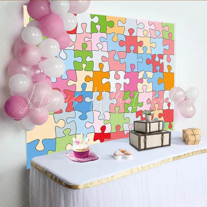 Lofaris Vibrant Colorful Puzzle Piece Photography Backdrop for Kids Abstract Pattern Studio Background for Creative Photoshoot and Party