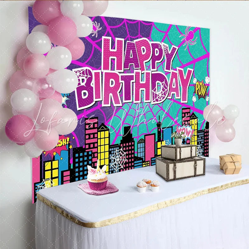 Lofaris Vibrant Comic Book Superhero Birthday Backdrop Cityscape and Spider Web Party Background for Kids