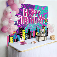 Lofaris Vibrant Comic Book Superhero Birthday Backdrop Cityscape and Spider Web Party Background for Kids