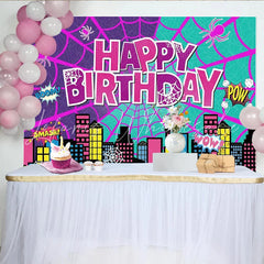 Lofaris Vibrant Comic Book Superhero Birthday Backdrop Cityscape and Spider Web Party Background for Kids