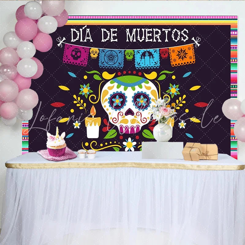 Lofaris Vibrant Día de Muertos Backdrop with Sugar Skull Papel Picado and Candles Festive Mexican Holiday Decor for Photography