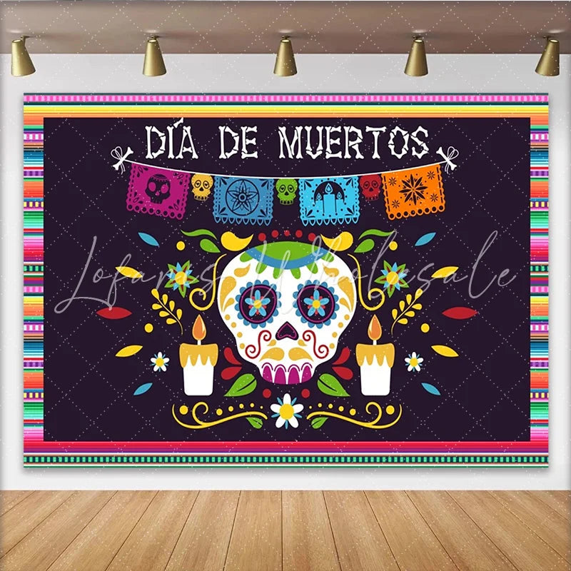 Lofaris Vibrant Día de Muertos Backdrop with Sugar Skull Papel Picado and Candles Festive Mexican Holiday Decor for Photography