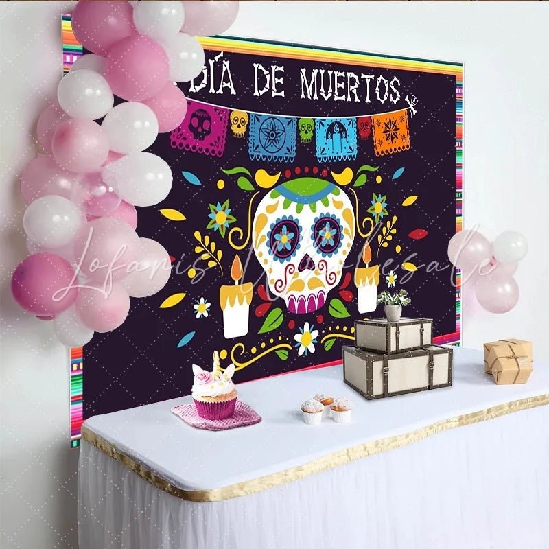 Lofaris Vibrant Día de Muertos Backdrop with Sugar Skull Papel Picado and Candles Festive Mexican Holiday Decor for Photography