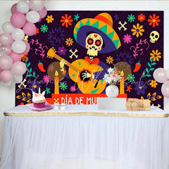 Lofaris Vibrant Día de Muertos Skeleton Backdrop with Guitar and Flowers Festive Mexican Celebration Photo Background Decor