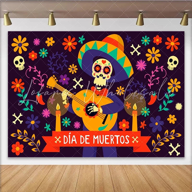 Lofaris Vibrant Día de Muertos Skeleton Backdrop with Guitar and Flowers Festive Mexican Celebration Photo Background Decor