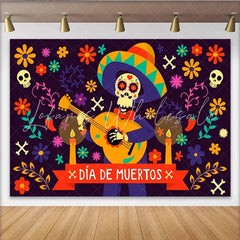 Lofaris Vibrant Día de Muertos Skeleton Backdrop with Guitar and Flowers Festive Mexican Celebration Photo Background Decor