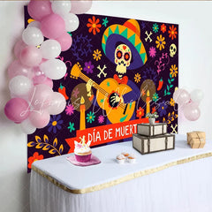 Lofaris Vibrant Día de Muertos Skeleton Backdrop with Guitar and Flowers Festive Mexican Celebration Photo Background Decor