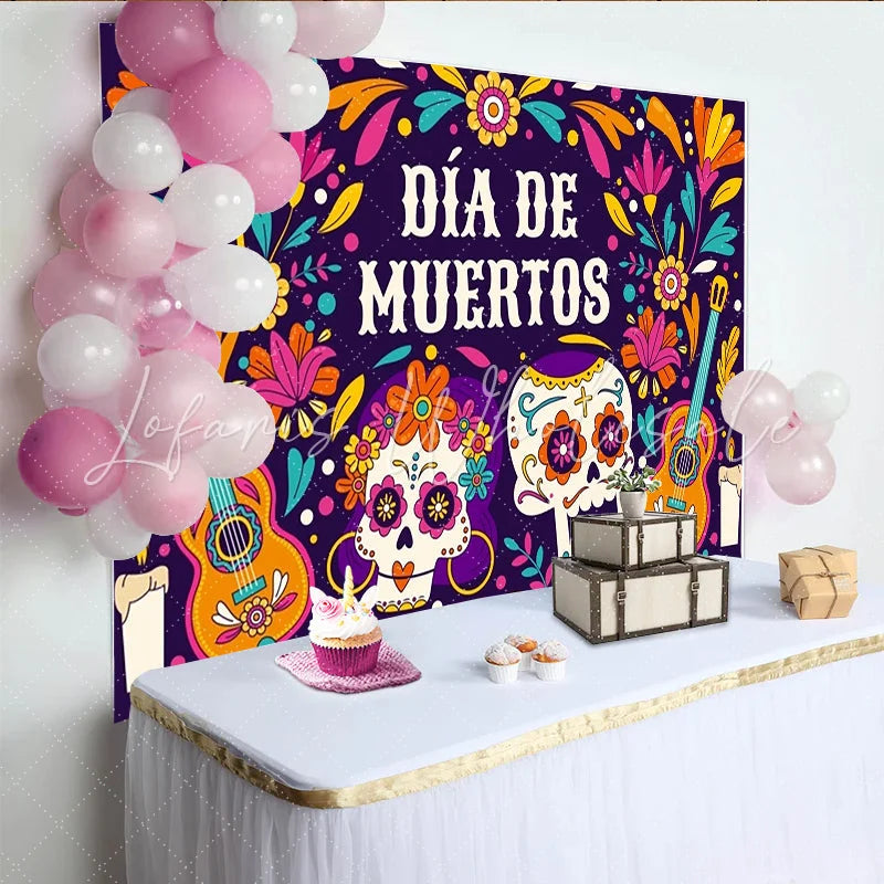 Lofaris Vibrant Day of the Dead Backdrop Sugar Skulls and Guitars Festive Floral Party Background for Mexican Holiday Celebration