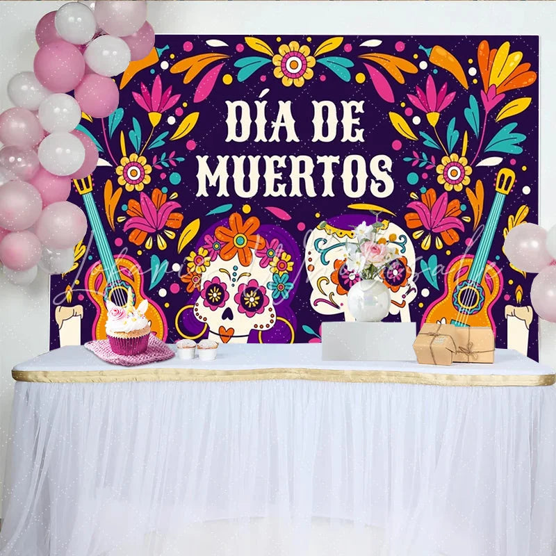 Lofaris Vibrant Day of the Dead Backdrop Sugar Skulls and Guitars Festive Floral Party Background for Mexican Holiday Celebration