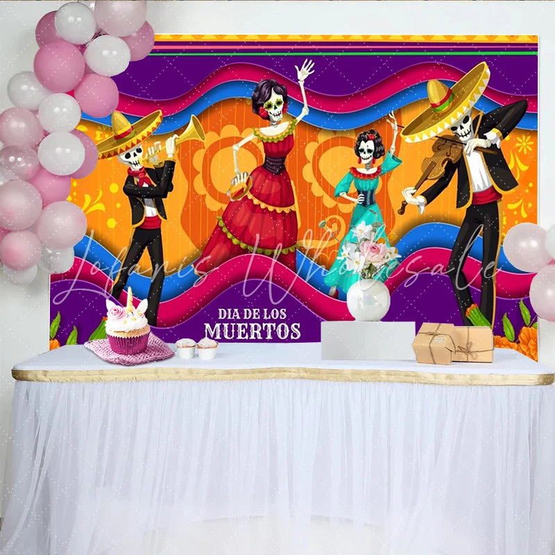 Lofaris Vibrant Day of the Dead Backdrop with Dancing Skeletons and Mariachi Music Festive Mexican Fiesta Background for Holiday Party