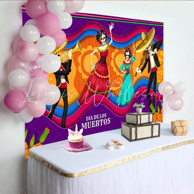 Lofaris Vibrant Day of the Dead Backdrop with Dancing Skeletons and Mariachi Music Festive Mexican Fiesta Background for Holiday Party