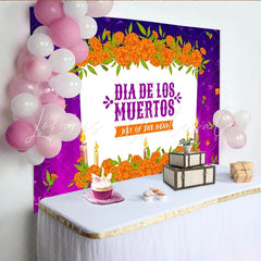 Lofaris Vibrant Day of the Dead Backdrop with Marigold Flowers and Candles for Mexican Fiesta Party Decor and Photography
