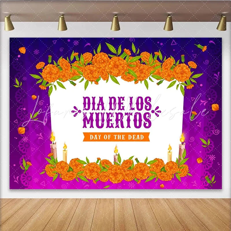 Lofaris Vibrant Day of the Dead Backdrop with Marigold Flowers and Candles for Mexican Fiesta Party Decor and Photography