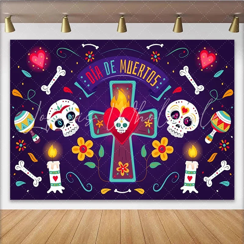 Lofaris Vibrant Day of the Dead Backdrop with Sugar Skulls and Maracas Colorful Mexican Fiesta Background for Cultural Celebration
