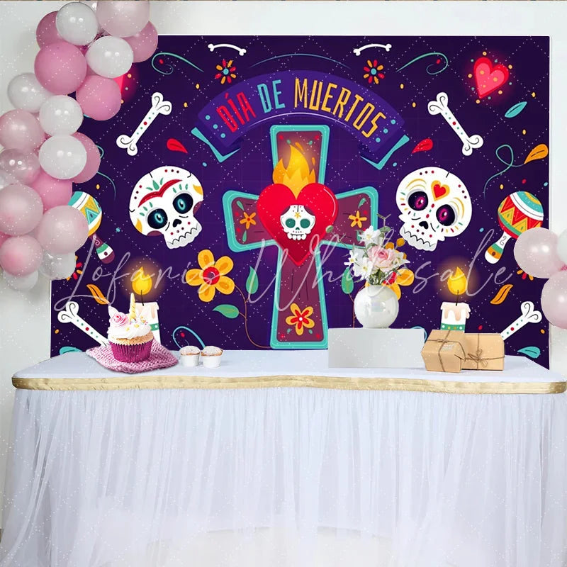 Lofaris Vibrant Day of the Dead Backdrop with Sugar Skulls and Maracas Colorful Mexican Fiesta Background for Cultural Celebration