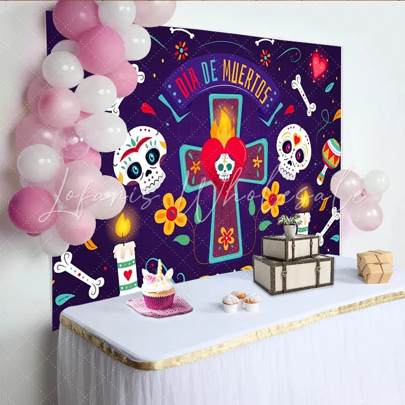 Lofaris Vibrant Day of the Dead Backdrop with Sugar Skulls and Maracas Colorful Mexican Fiesta Background for Cultural Celebration