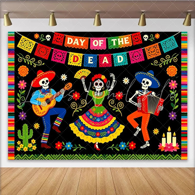 Lofaris Vibrant Day of the Dead Photography Backdrop with Skeletons and Music Festive Mexican Fiesta Celebration Background for Party Decor