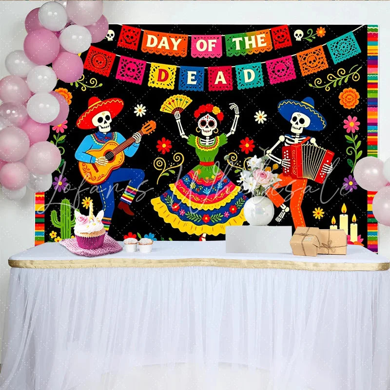 Lofaris Vibrant Day of the Dead Photography Backdrop with Skeletons and Music Festive Mexican Fiesta Celebration Background for Party Decor