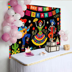 Lofaris Vibrant Day of the Dead Photography Backdrop with Skeletons and Music Festive Mexican Fiesta Celebration Background for Party Decor