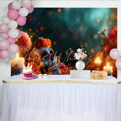 Lofaris Vibrant Day of the Dead Sugar Skull Backdrop Colorful Flowers Candles and Bokeh Lights Festive Photography Background