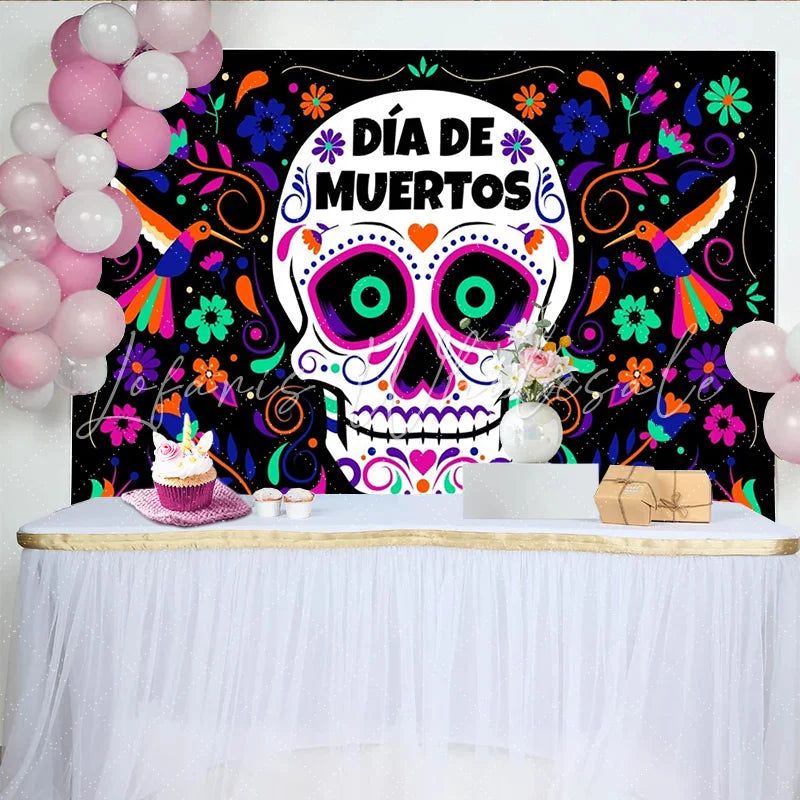 Lofaris Vibrant Day of the Dead Sugar Skull Backdrop Colorful Mexican Fiesta Party Decor for Photography