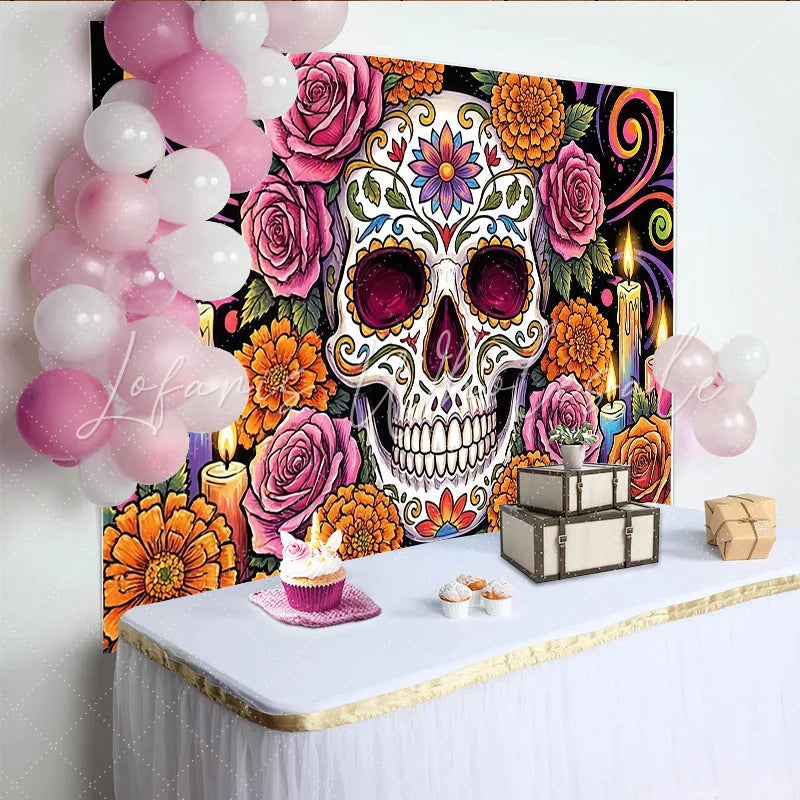 Lofaris Vibrant Day of the Dead Sugar Skull Backdrop with Marigolds Festive Mexican Holiday Background for Party Decor