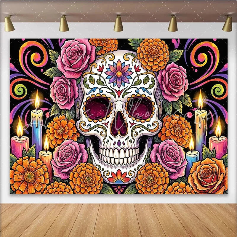 Lofaris Vibrant Day of the Dead Sugar Skull Backdrop with Marigolds Festive Mexican Holiday Background for Party Decor