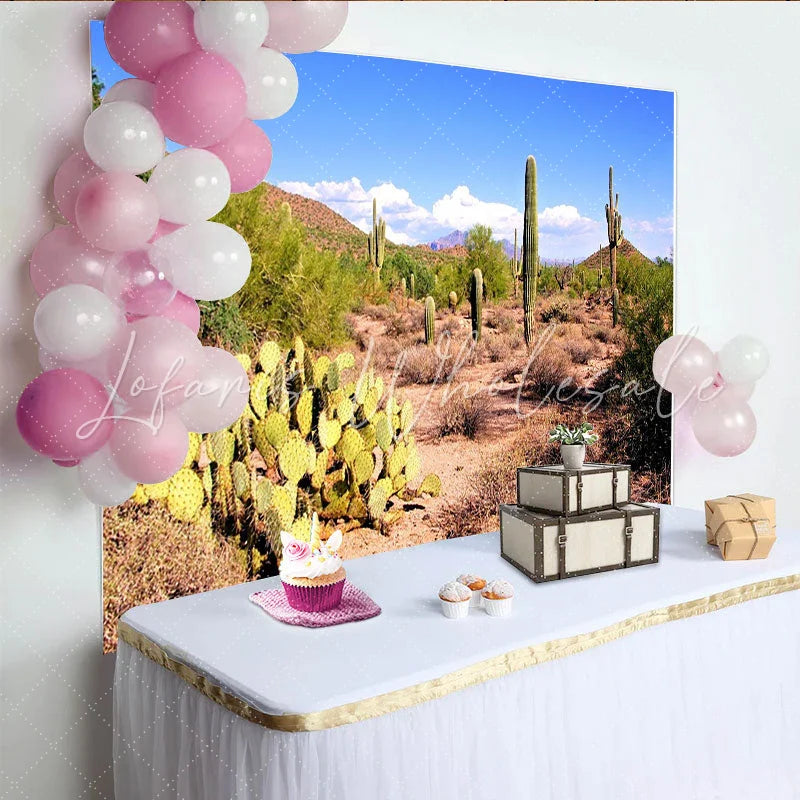 Lofaris Vibrant Desert Photography Backdrop with Saguaro Cacti and Blue Sky Natural Landscape Background for Western Theme Photoshoot