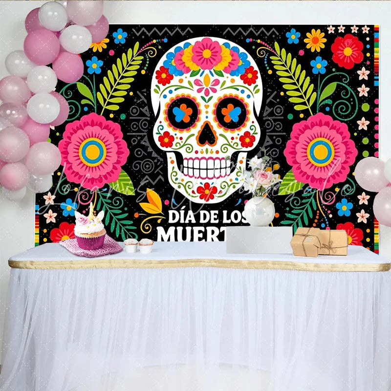 Lofaris Vibrant Dia de los Muertos Backdrop with Colorful Sugar Skull and Floral Patterns Festive Mexican Holiday Background for Celebration