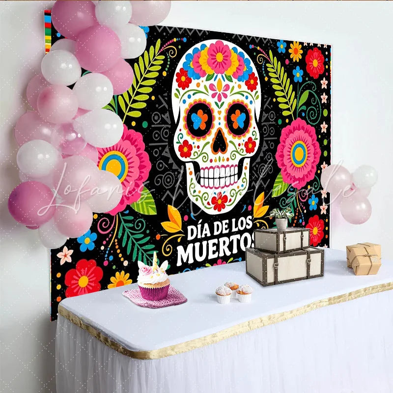 Lofaris Vibrant Dia de los Muertos Backdrop with Colorful Sugar Skull and Floral Patterns Festive Mexican Holiday Background for Celebration
