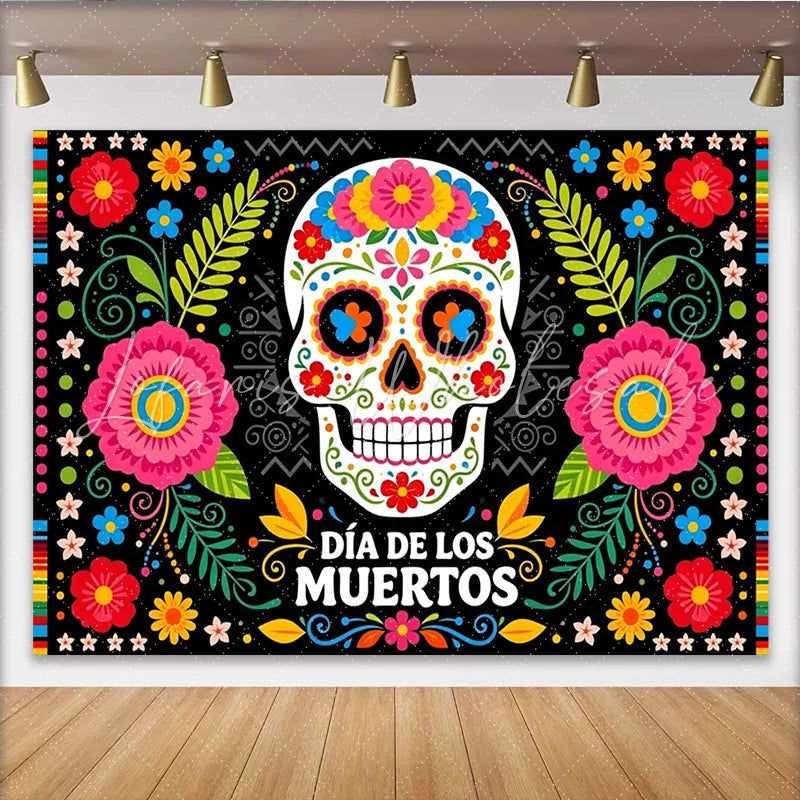 Lofaris Vibrant Dia de los Muertos Backdrop with Colorful Sugar Skull and Floral Patterns Festive Mexican Holiday Background for Celebration