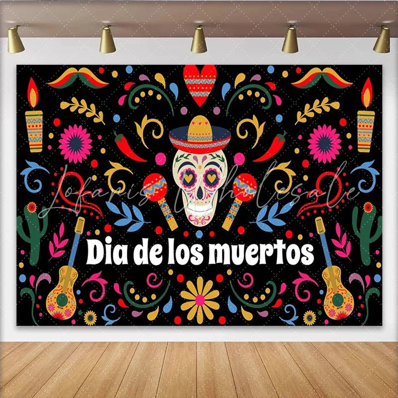 Lofaris Vibrant Dia de los Muertos Backdrop with Sugar Skull and Sombrero Colorful Mexican Fiesta Background for Celebration