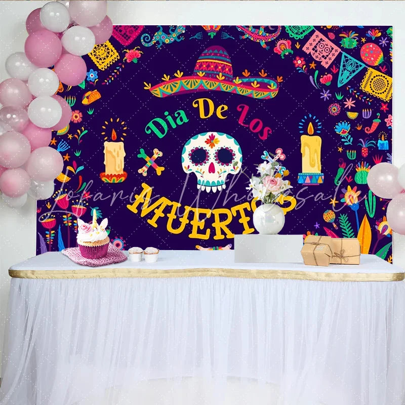 Lofaris Vibrant Dia De Los Muertos Backdrop with Sugar Skull Colorful Flowers and Papel Picado Festive Mexican Fiesta Decor for Party