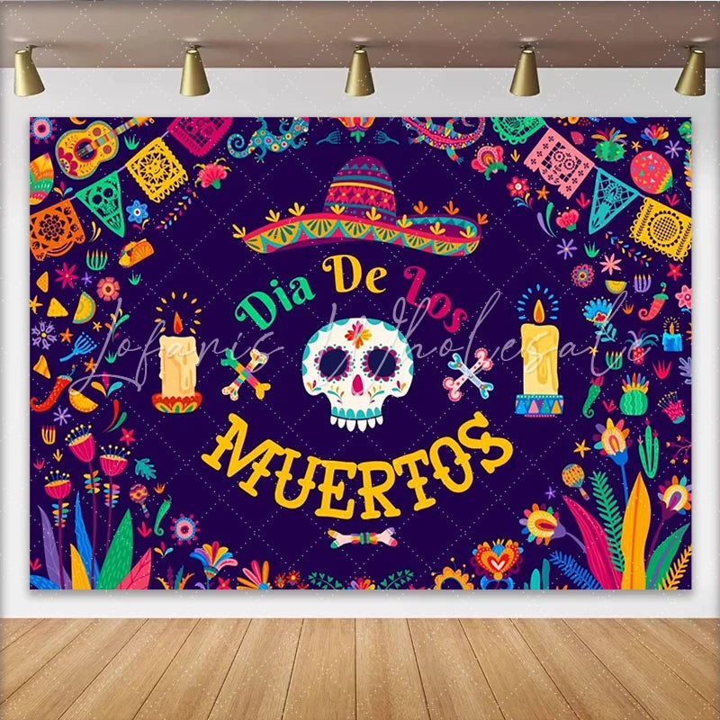 Lofaris Vibrant Dia De Los Muertos Backdrop with Sugar Skull Colorful Flowers and Papel Picado Festive Mexican Fiesta Decor for Party