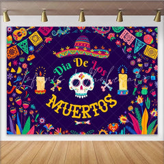 Lofaris Vibrant Dia De Los Muertos Backdrop with Sugar Skull Colorful Flowers and Papel Picado Festive Mexican Fiesta Decor for Party