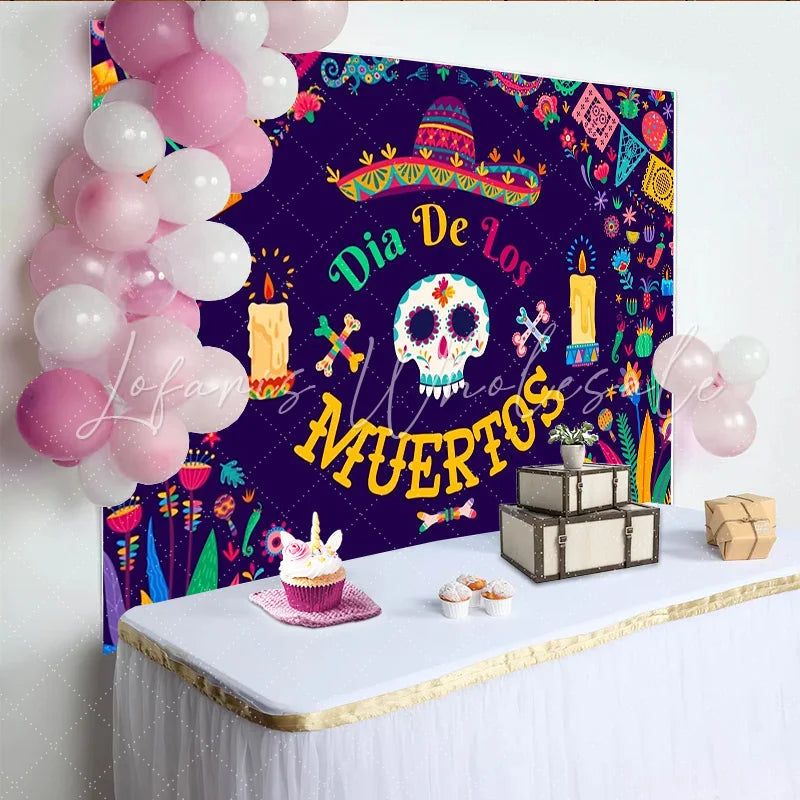 Lofaris Vibrant Dia De Los Muertos Backdrop with Sugar Skull Colorful Flowers and Papel Picado Festive Mexican Fiesta Decor for Party