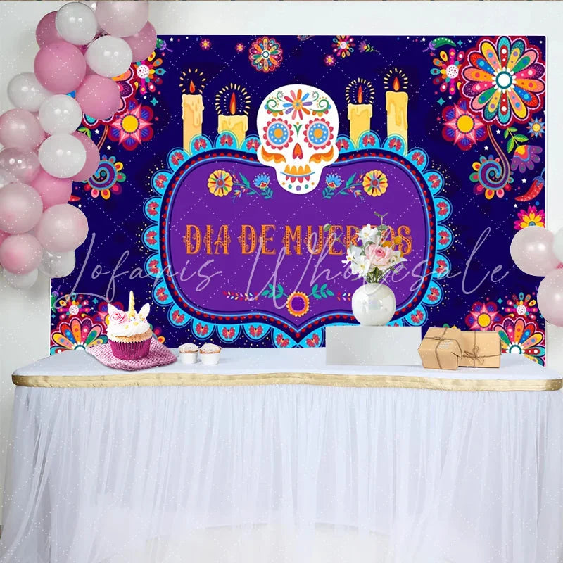 Lofaris Vibrant Dia de Muertos Backdrop with Sugar Skull and Candles Colorful Floral Background for Mexican Fiesta Celebration