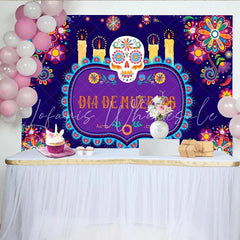 Lofaris Vibrant Dia de Muertos Backdrop with Sugar Skull and Candles Colorful Floral Background for Mexican Fiesta Celebration