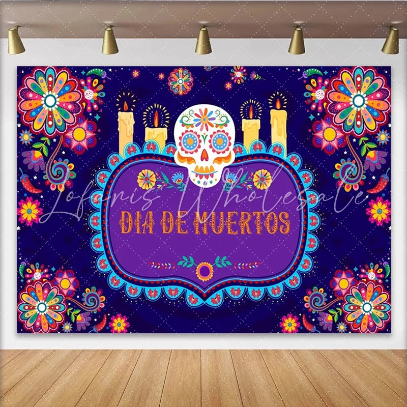 Lofaris Vibrant Dia de Muertos Backdrop with Sugar Skull and Candles Colorful Floral Background for Mexican Fiesta Celebration