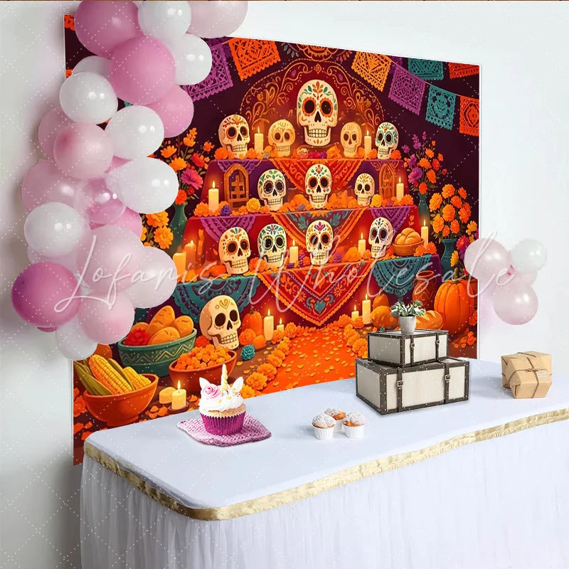 Lofaris Vibrant Dia de Muertos Backdrop with Sugar Skulls and Marigold Flowers Colorful Altar Background for Mexican Holiday Party Decor