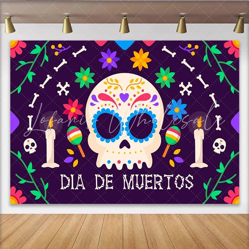 Lofaris Vibrant Dia de Muertos Sugar Skull Backdrop with Colorful Flowers and Candles Festive Mexican Holiday Background for Celebration
