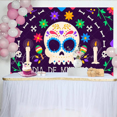 Lofaris Vibrant Dia de Muertos Sugar Skull Backdrop with Colorful Flowers and Candles Festive Mexican Holiday Background for Celebration