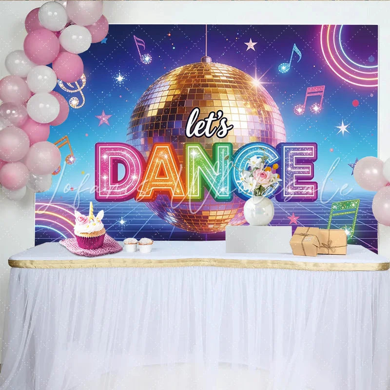 Lofaris Vibrant Disco Ball Dance Backdrop with Neon Lights Glitter Musical Notes Party Background for Event Photography