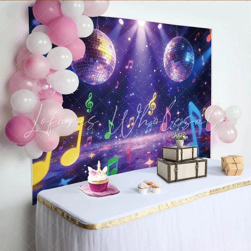 Lofaris Vibrant Disco Music Party Photography Backdrop Colorful Notes and Stars Glittering Studio Background for Festive Celebration