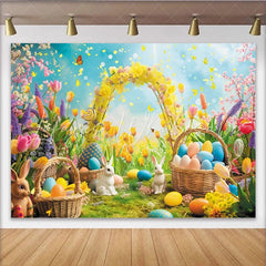 Lofaris Vibrant Easter Backdrop with Colorful Eggs and Cute Rabbits Spring Flowers and Yellow Arch Party Decor